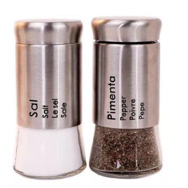 Imagem de Kit Saleiro Pimenteiro 2 Peças Condimento Tempero Inox Vidro - UD19190