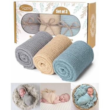 Imagem de Adereços para fotografia de recém-nascidos, 3 peças de envoltório elástico para bebês, adereços profissionais para fotos de bebês de 0 a 6 meses (cinza claro + azul canal + champanhe)