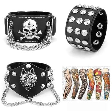 Imagem de Yariew Pulseira de couro com 3 peças com rebite pontiagudo punk rock motociclista alça larga pulseira de corrente de balancim acessórios ajustáveis + 6 peças de mangas de tatuagem temporária.., Standard, Couro sintético Couro