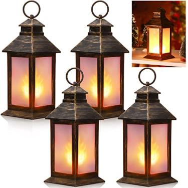 Imagem de 4 peças de lanternas decorativas vintage altas lanterna pendurada com velas de pilar de LED piscando, velas operadas a pilhas, lanternas portáteis à prova d'água para festa de mesa de parede interna ao ar livre (bronze)
