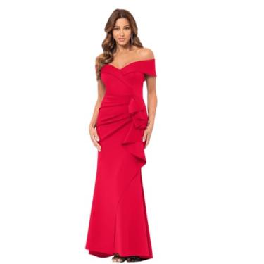 Imagem de Xscape Vestido feminino longo tomara que caia com decote em coração e babados laterais (G e pequeno), Vermelho, 40