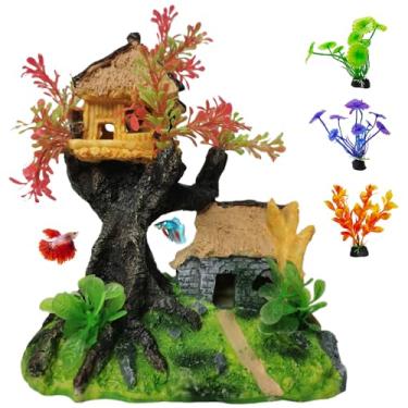 Imagem de Hamiledyi 4 peças de decoração de aquário, enfeites de castelo de resina artificial de aquário de peixes, decorações de paisagem de tanque betta com plantas de plástico para camarão, peixe, escalada,