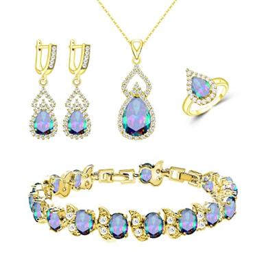 Imagem de LMXXVJ Conjunto de joias femininas banhado a platina colar anel aberto conjunto de pulseiras, aniversário/aniversário dia das mães joias presentes para mamãe/esposa/irmã/melhor amiga, Banhado a ouro