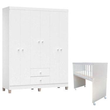 Imagem de Mini Berço Moisés Alegria com Colchão e Guarda Roupa Ternura Baby 6 Portas Branco Brilho - Incorplac