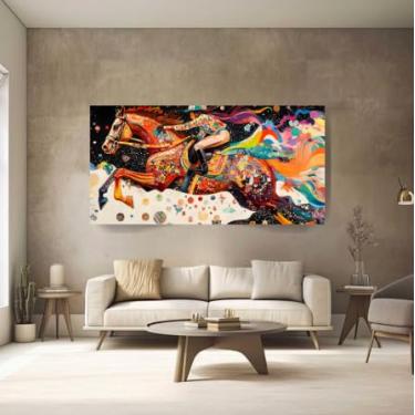 Imagem de Quadros Decorativos 90x60 Cavalo Saltando Menina Sonhadora Abstrato Escritório Sala Luxo
