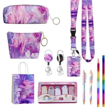 Imagem de PORLIZI Conjunto de material escolar bonito papelaria porta-crachá de identificação com cordão estojo de lápis, bolsa de moedas, presente de aniversário para estudante, professor, colega, enfermeira