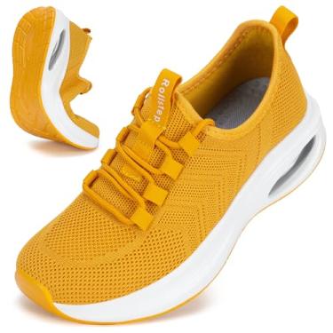 Imagem de Rollstep Tênis feminino de largura extra larga com amortecimento de ar, tênis de corrida ultraleve, academia, treino, treino, respirável, com suporte de arco, Amarelo, 11 Wide