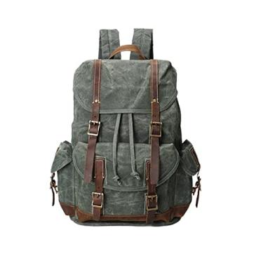Imagem de Mochila masculina de lona vintage mochila feminina de couro genuíno para homens mochila grande mochila escolar(Lake Green)