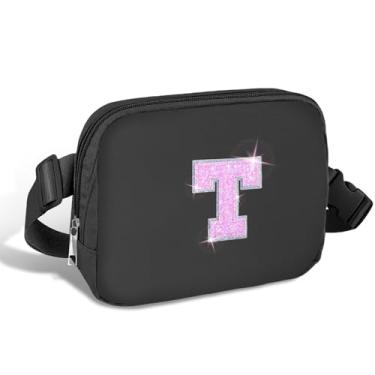 Imagem de COSHAYSOO Pochete de cintura pequena com alça ajustável com patch de letra inicial para mulheres, adolescentes, meninas, viagens, academia, caminhada, bolsa de viagem transversal, bolsa moderna, Preto