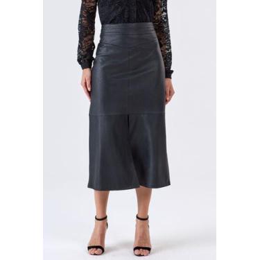 Imagem de Saia Midi PKS material sintético Fenda Frontal Preta, M