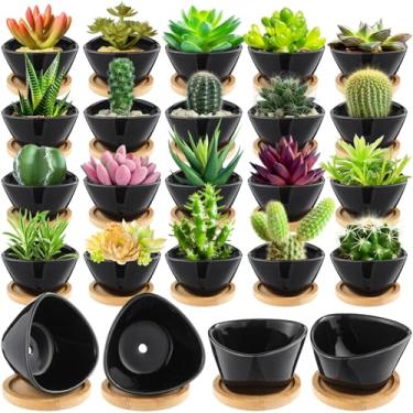Imagem de Domensi Pacote com 24 vasos de suculentas, vasos pequenos de 7,6 cm, mini suporte de cerâmica para suculentas com orifícios de drenagem e pires de bambu (preto)