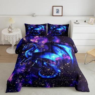 Imagem de Conjunto de edredom infantil dragão místico, animal ocidental, dragão azul neon, triplo, para todas as estações, com glitter mágico, céu estrelado, galáxia, 3 peças com 2 fronhas, tamanho casal