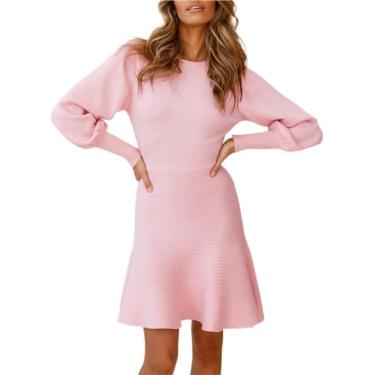 Imagem de Vestido de malha para mulheres mangas buff a-line vestidos curtos de festa elegante e outono cor sólida, rosa, xxl