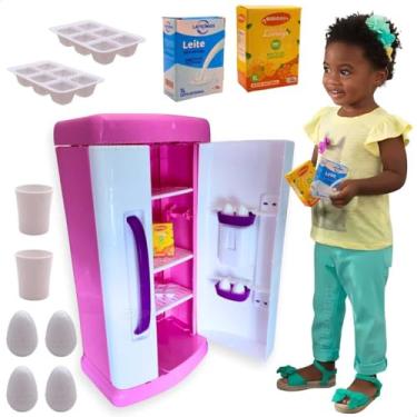 Imagem de Geladeira Infantil Rosa Brinquedo de Cozinha Faz de Conta Completa com Acessórios + Comidinhas de Mentirinha Educativo Interativo Presente para Menina 3 4 5 Anos Natal Aniversário Dia das Crianças