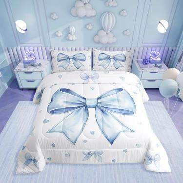 Imagem de Erosebridal Jogo de cama casal fofo com laço azul, para crianças, meninas e adolescentes, conjunto de edredom com laço kawaii, estilo princesa, azul, branco, decoração de coração, edredom macio e