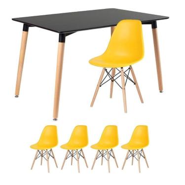 Imagem de Mesa De Jantar Retangular Eames 80 X 120 Cm Preto + 4 Cadeiras Eiffel Dsw Amarelo