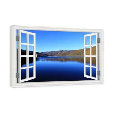 Imagem de PY3H69 Arte de parede em tela de janela aberta, impressão natural em tela. Lindo cenário de montanha 61 cm, decoração de parede de paisagem de janela, decoração de casa moderna. Moldura interna de 70