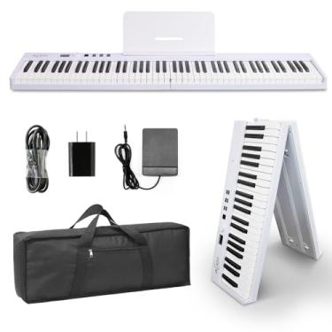 Imagem de AiJoy Teclado de piano para iniciantes de 88 teclas com teclas semi-ponderadas, 128 tons, alto-falantes, USB MIDI, bolsa de mão, pedal de sustentação e suporte, branco