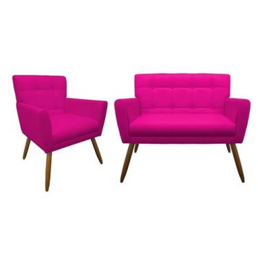 Imagem de Kit Namoradeira + 1 Poltrona Decorativa Onix Couro Rosa Pink Pés Madei