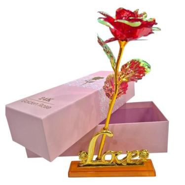 Imagem de Rosa Vermelha Brilhante Flor Artificial 24K Folha Plástico - Golden Ro