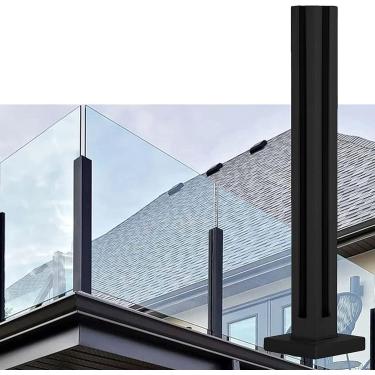 Imagem de Correio de vidro post preto, painéis de cerca de piscina externa Post/balauster poste com base quadrada, clipe de vidro do sistema de coluna para coluna de convés fácil de instalar, final, c
