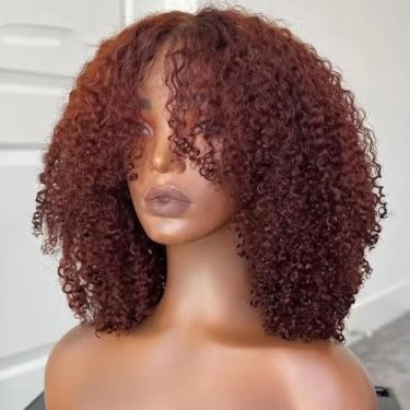 Imagem de oulaer Peruca De Cabelo Humano Castanho Avermelhado Oulaer, Cobre, Vermelho, Afro, Crespo, Cacheado, Com Franja, Brasileira, Remy, 13X4, Hd, Renda Frontal Invisível, Pré-Arrancada, Para Mulheres, Se