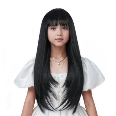 Imagem de Edivd Peruca Preta Para Criança, Longa, Natural, Com Franja De Ar, Perucas Retas Meninas, Crianças, Touca Sintética Resistente Ao Calor
