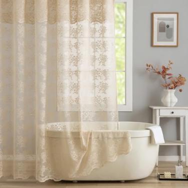 Imagem de TUDECO Cortina de chuveiro de renda bege 213 cm de comprimento com saia de fixação, decoração de banheiro floral moderna rústica de crochê floral, com orifícios bastante reforçados, leve, GG, 182 cm L