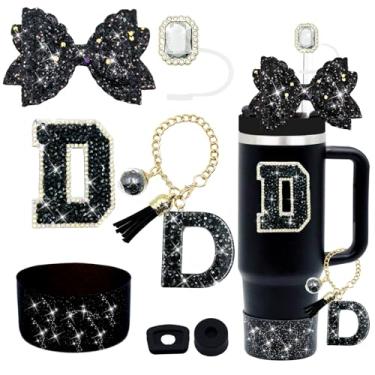 Imagem de Conjunto de acessórios de copo Stanley preto de 7 peças, decorações de iniciais para Stanley Cup 850.5 g 1,134 g, inclui cobertura de canudo de joia, tampa à prova de derramamento, pingente de alça