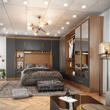 Imagem de Quarto Modulado Casal Completo 6 Peças 6 Portas 5 Gavetas Com Maleiro E Espelhos Smart Plus Cinamomo-chumbo