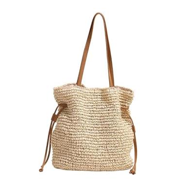 Imagem de Sacolas femininas de praia com tecido de palha, boho, crochê, verão, modernas, bolsas de ombro, grande, bolsa de mão, Bege