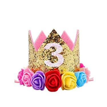 Imagem de Ipalmay Baby Princess Coroa com glitter, chapéu de festa de primeiro aniversário ouro mistura de cores arco-íris, 3st Gold Crown, Medium