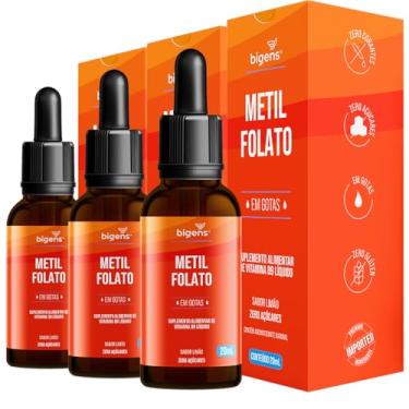 Imagem de Metilfolato vegan vitamin gotas liquido, Ácido Fólico Ativo, sabor limão, 20 ML, Biogens (Kit 3)