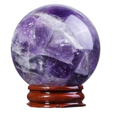 Imagem de SUNYIK Esfera de esfera de ametista natural com suporte de madeira polida para decoração de mesa, escritório em casa, 1,9-2,1" (50-55 mm)