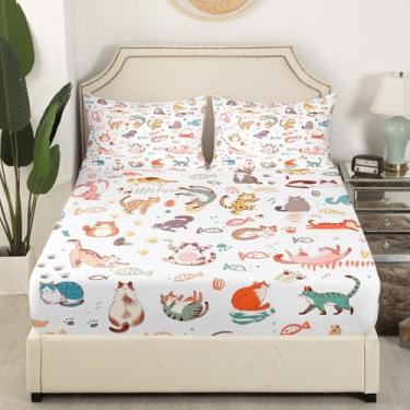 Imagem de Jogo de lençol King com tema de animais de estimação em aquarela, 4 peças, decoração de quarto de crianças, meninas, mulheres, desenho animado, gato, pata e peixe, lençol de cima, 2 fronhas