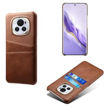 Imagem de Capas Compatível com Honor Magic6,Caso de couro PU-Tampa de telefone a prova de choque com 2 slots de cartão,Proteção anti-impressão digital e anti-gota-Brown