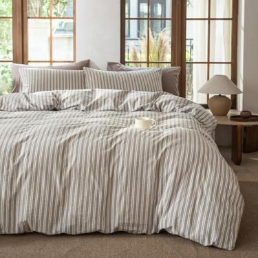 Imagem de BESTDESIL Conjunto de capa de edredom luxuoso 100% algodão lavado como linho, 3 peças de cama listradas modernas com fecho de zíper (cinza linho, casal)