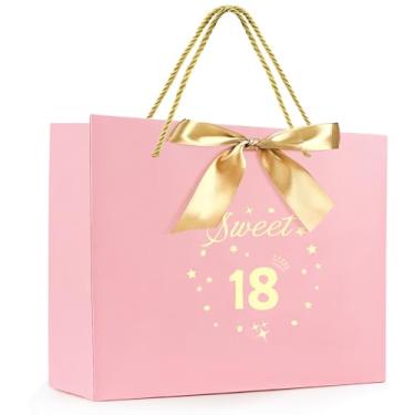 Imagem de Hongplus Bolsa rosa para presente de aniversário de 18 anos com alças de saudação e fita para meninas de 18 anos de idade, bolsa de embrulho para lembrancinhas de festa, artigos de decoração