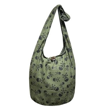 Imagem de Bolsa tiracolo Boho com caveira - Bolsa de ombro gótica - Bolsa hippie Hobo Punk Rock - Média 84 cm, Verde militar, Medium