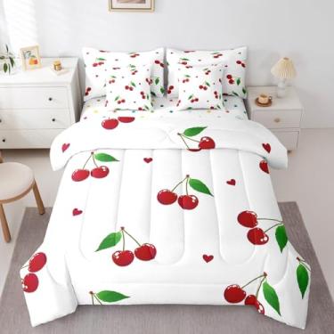Imagem de Erosebridal Jogo de cama solteiro com estampa de cereja e cereja vermelha, 7 peças, para decoração de quarto de crianças, meninos e adolescentes, para crianças, meninos, adolescentes, lençol com