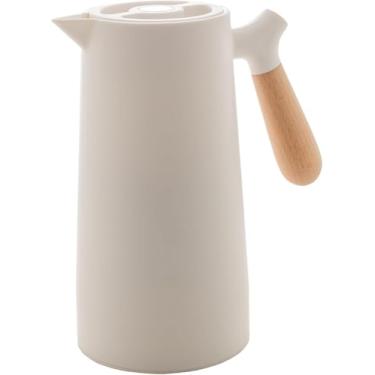 Imagem de Garrafa Térmica de Plástico com Cabo de Madeira Nórdica 1L Branca - Utensílios de Cozinha - Perfeita Para Café e Chá