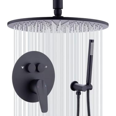 Imagem de Sistema De Chuveiro De 12 Polegadas Com Válvula De Pressão Balanceada Chuva Montada No Teto De Luxo E Conjunto De Chuveiro De Mão Desviador De Botão, Black - 12 Round - Ceiling, Push-Button Diverter
