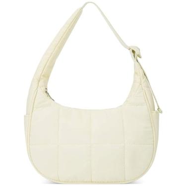 Imagem de Bolsa de ombro pequena crescente para mulheres bolsa acolchoada de nylon bolsa de ombro ajustável bolsa inchada, Bege branco