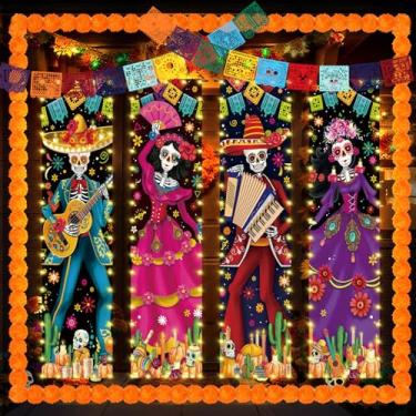 Imagem de VitalCozy 10 peças Decorações Dia dos Mortos Dia De Los Muertos Letreiro de Varanda Banners com Luzes LED Halloween Sugar Skull Decor México Dia De Los Muertos Altar Pano de Fundo Papel Picado