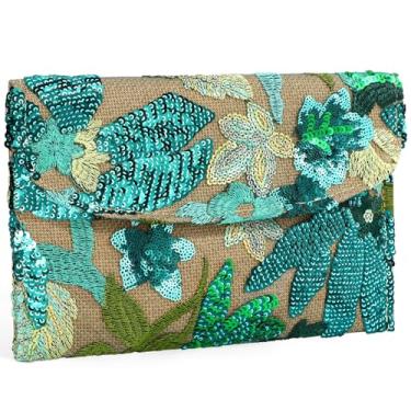 Imagem de XquiziFit Bolsa clutch feminina floral para noite para festa bordada com lantejoulas e contas, Verde claro, Regular: 10.2" × 6.2"