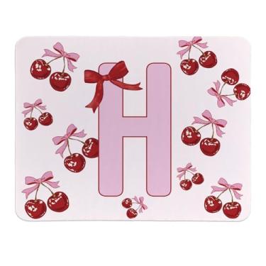 Imagem de Rusenbao Lindo mouse pad de cereja personalizado, pequeno e fofo coquete rosa com laço para mulheres e meninas, mousepads iniciais personalizáveis para laptop, computador, escritório, 24 x 19 cm