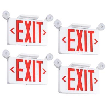 Imagem de Gruenlich Placa de saída vermelha com luzes de emergência, 2 cabeças de LED ajustáveis e bateria reserva, UL 924, AC 120/277V, luz de saída com fio comercial para empresas, pacote com 4