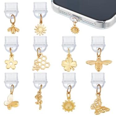 Imagem de OLYCRAFT 10 peças de pingentes de plugue de poeira de flor 21 ~ 26 mm/0,8-1 polegada de comprimento plugues móveis à prova de poeira com pingente de latão tipo C plugue antipoeira borboleta charme