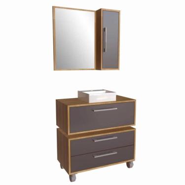 Imagem de Gabinete 80cm Alice Mel Grafite Balcão Espelheira Cuba Branca Armário Suspenso 2 Gavetas Para Banheiro