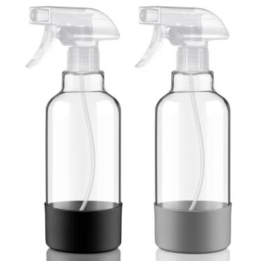 Imagem de Hethyo Frascos de spray de vidro com manga de silicone de 500 ml, pacote com 2 frascos de spray vazios para névoa de cabelo/spray para soluções de limpeza, plantas, óleos essenciais (cinza claro e